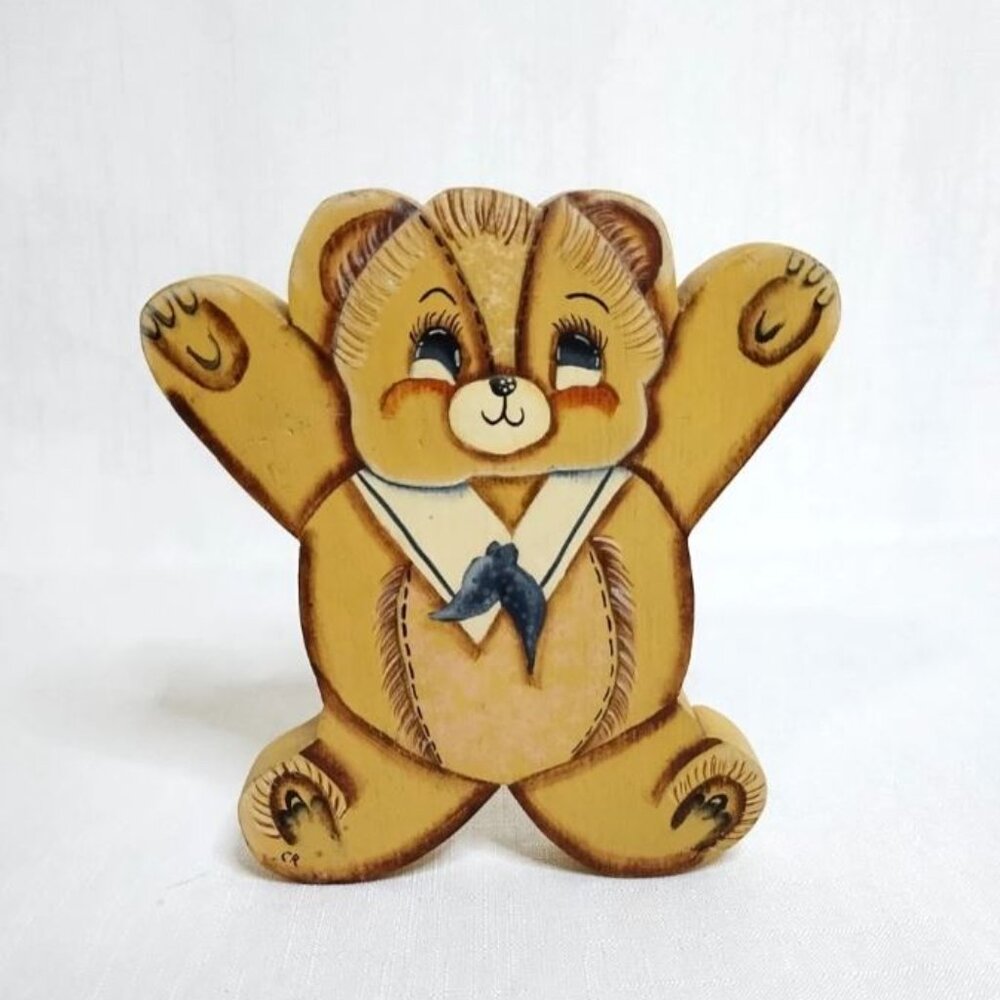 Vintage Cute Folk Art Hand Painted Wood Shelf Decoration Sailor Teddy Bear